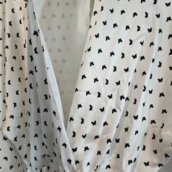 Monique Lhuillier Silk Dress Womens Sz 6 White Butterfly Midi Faux Wrap No Belt - Picture 8 of 16